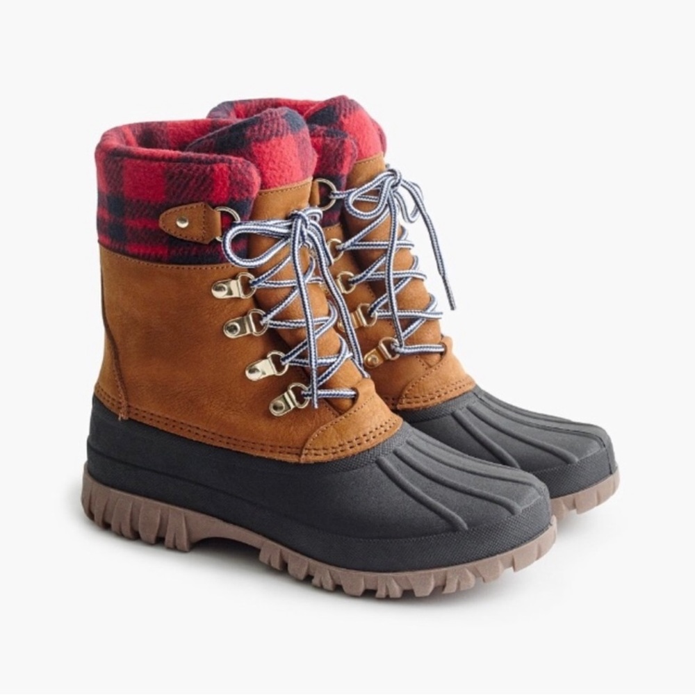 J.Crew Perfect Winter Arctic Boot in Glazed Pecan and Red & Black Plaid Size 9